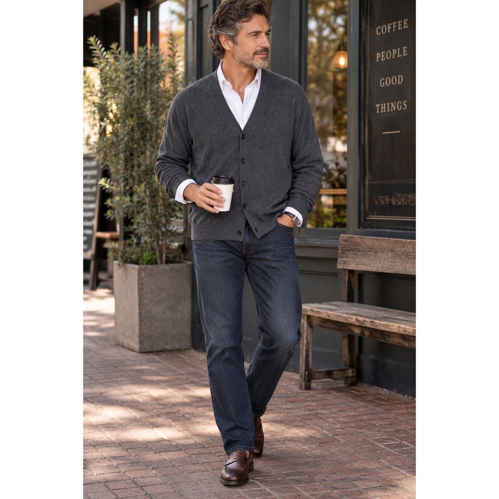 Alan Flusser Mens XL Cardigan Sweater Cotton Cashmere Charcoal Gray Button Front